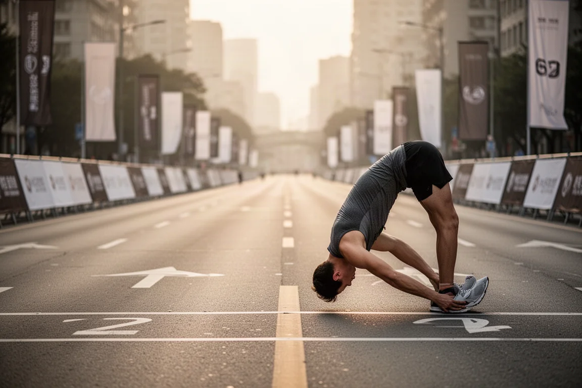 Atleta se alongando em uma linha de largada em uma via urbana vazia