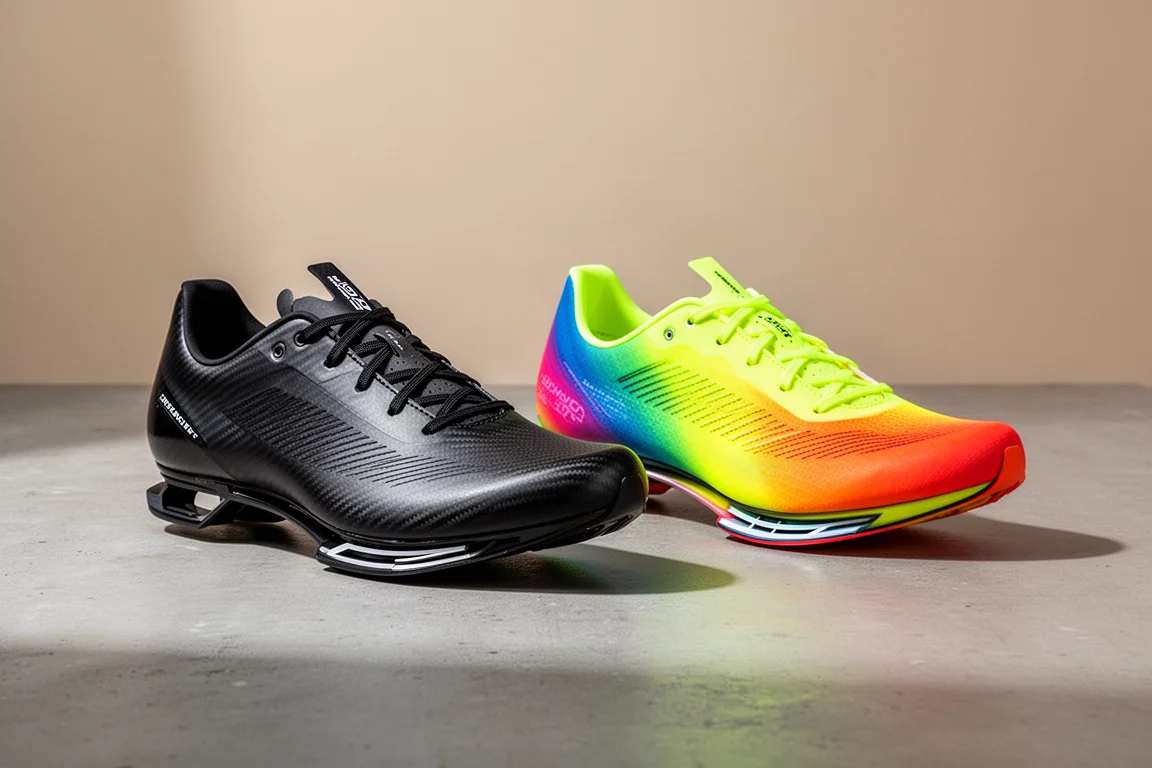 Two carbon-plated racing shoes side by side on concrete, one black and one neon rainbow