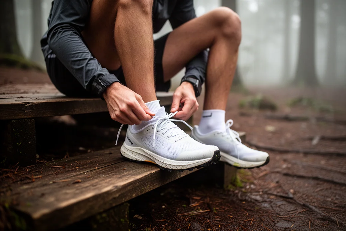 Runner lacing up a trail shoe on a wooden step before heading out