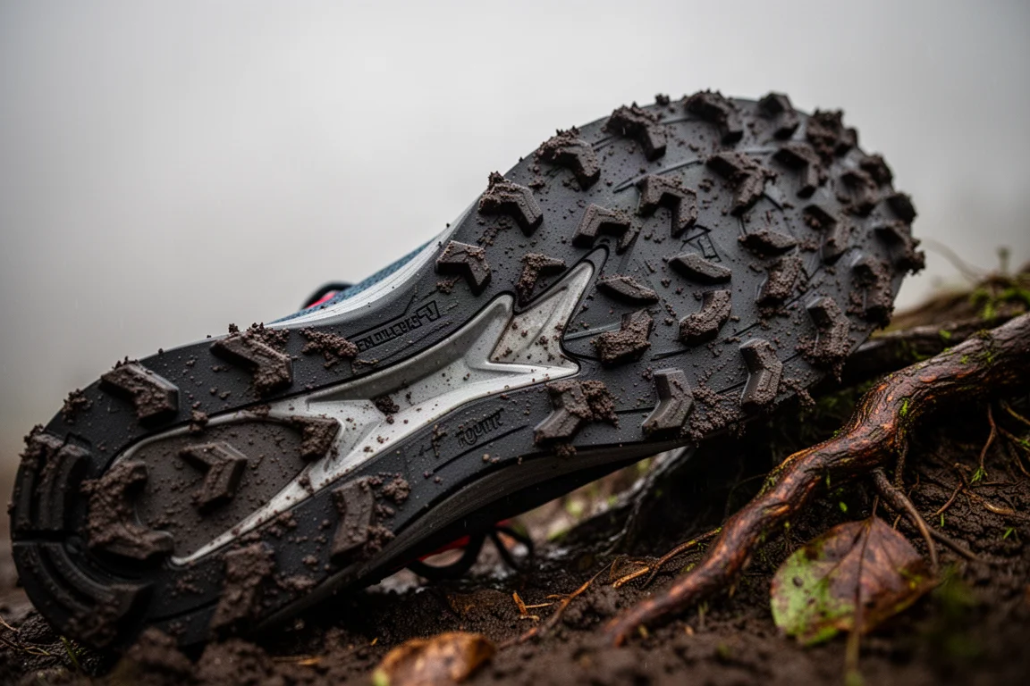 Close-up of a trail shoe outsole with multi-directional lugs on wet muddy ground