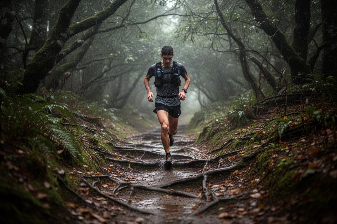 Runner moving through a technical muddy forest trail in wet conditions