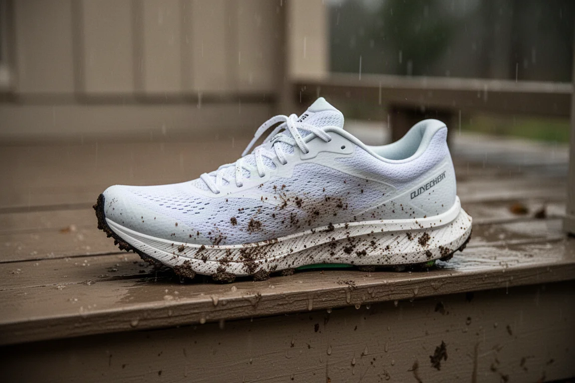 Trail shoe resting on a porch after a rain-soaked run, splattered with mud