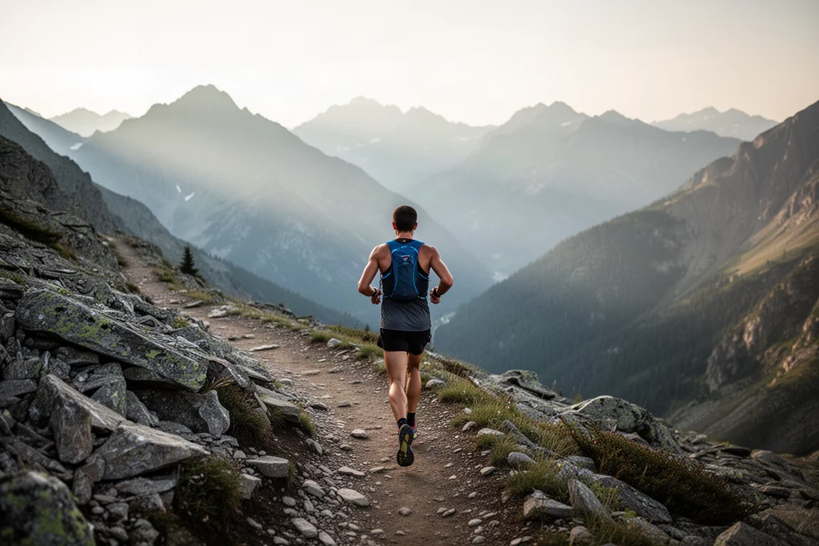 Coureur de trail évoluant sur un sentier forestier mêlant sections sèches et boueuses
