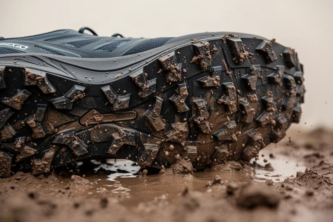 Gros plan sur les crampons profonds d'une chaussure de trail s'enfonçant dans une boue molle