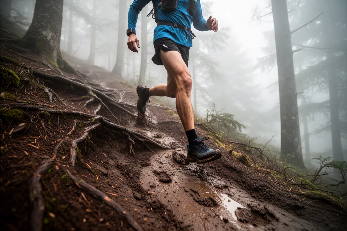 Chaussure de trail posée sur un banc en bois à côté d'un passage route-sentier