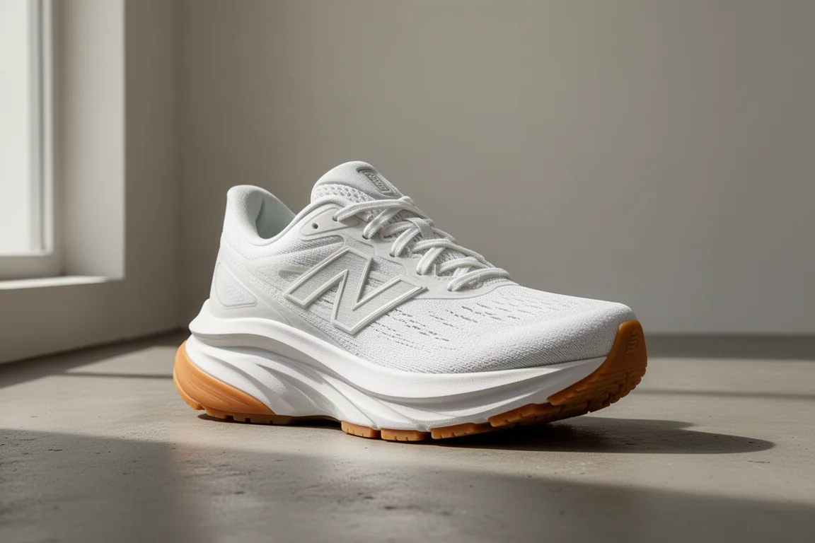 White high-stack running shoe with gum outsole on a concrete surface