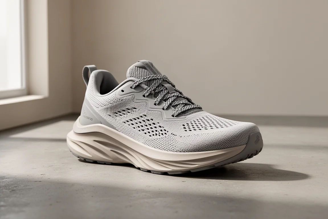Max-cushioned road running shoe at a three-quarter angle on a concrete surface