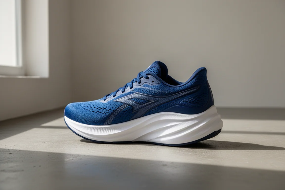 Scarpa da running blu con spesso intersuola bianca alta appoggiata su una superficie neutra
