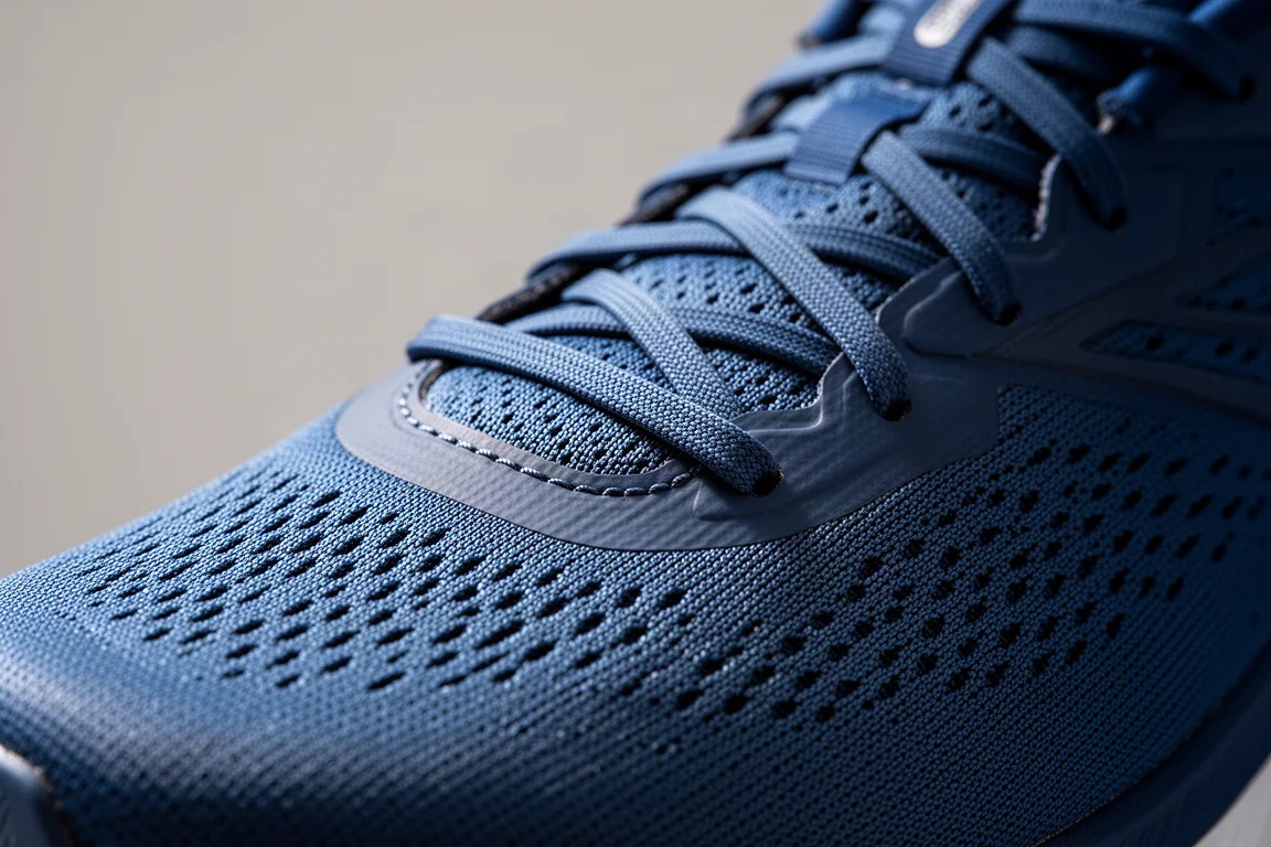 Primo piano della tomaia di una scarpa da running con toebox aderente e lacci