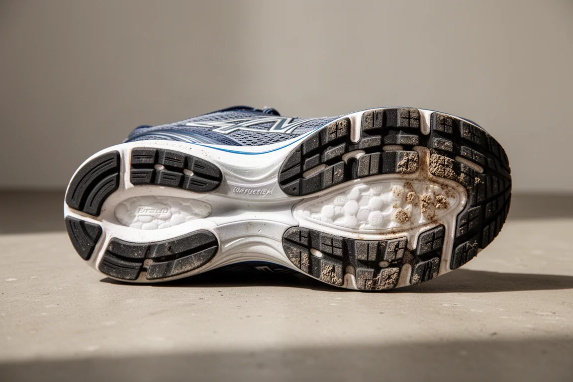 Suola consumata di una scarpa da running con usura al tallone dopo tante miglia