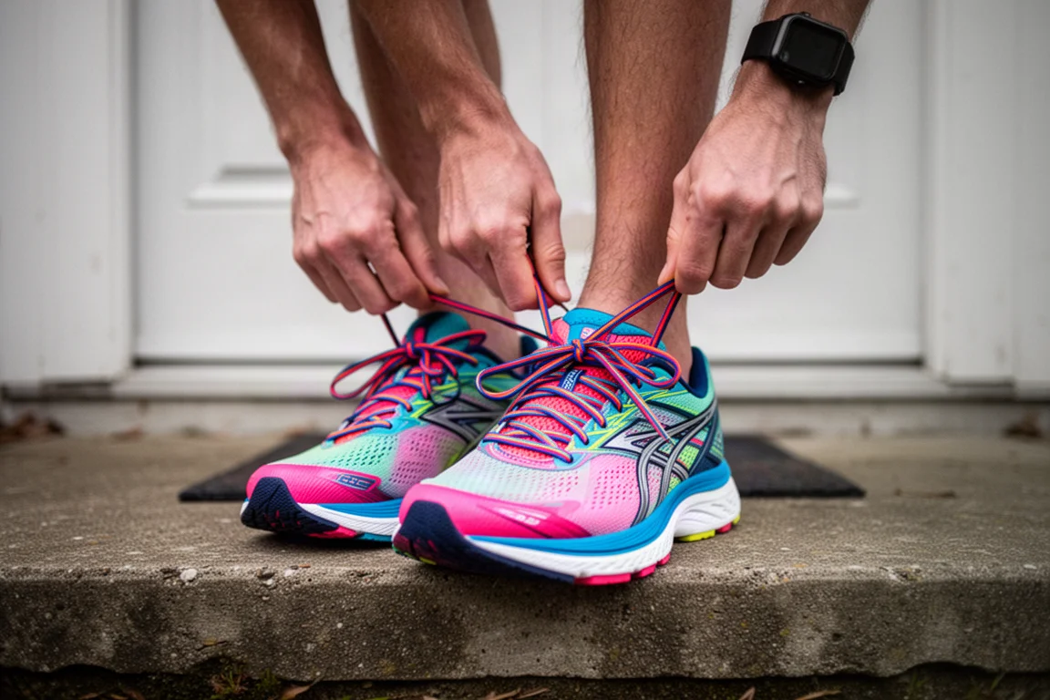 Runner's feet mid-stride on a quiet paved path in early morning light