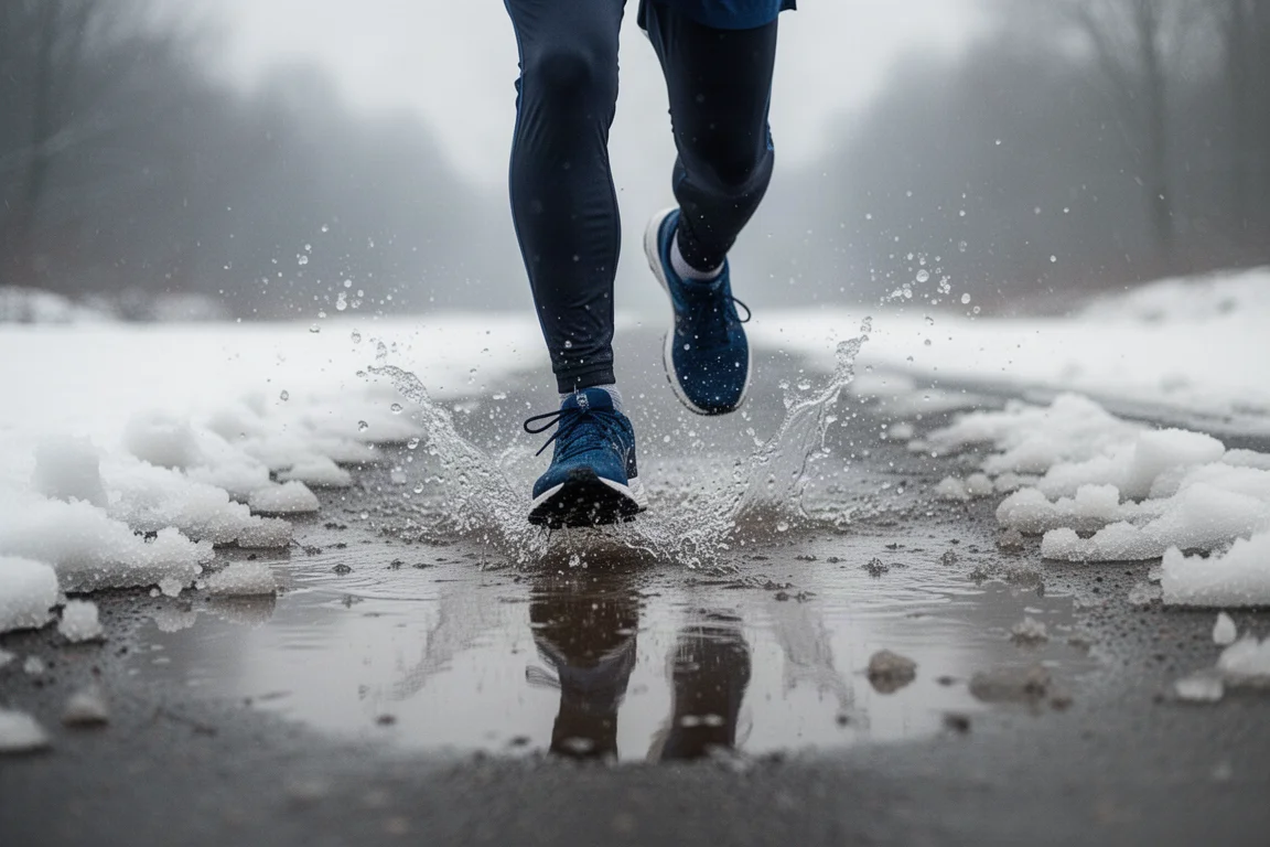 Voeten van een hardloper die door modder en ondiepe plassen spetteren op een winterse weg