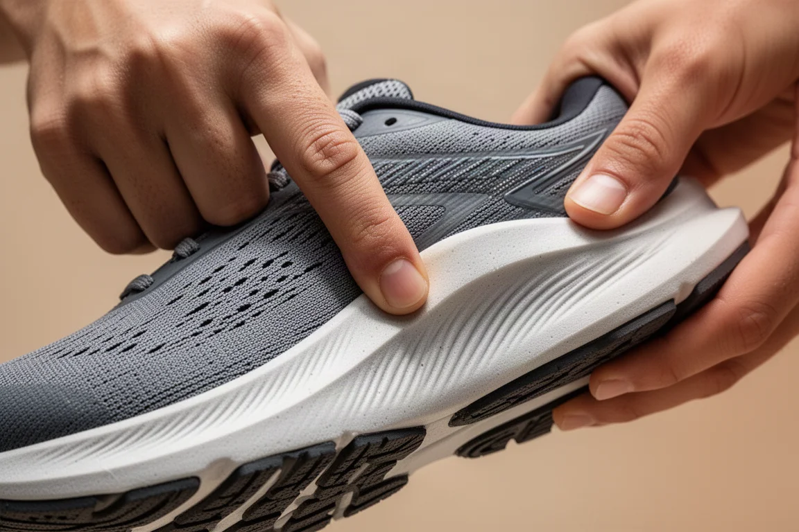 Close-up van een tussenzool van een hardloopschoen die onder duimdruk buigt