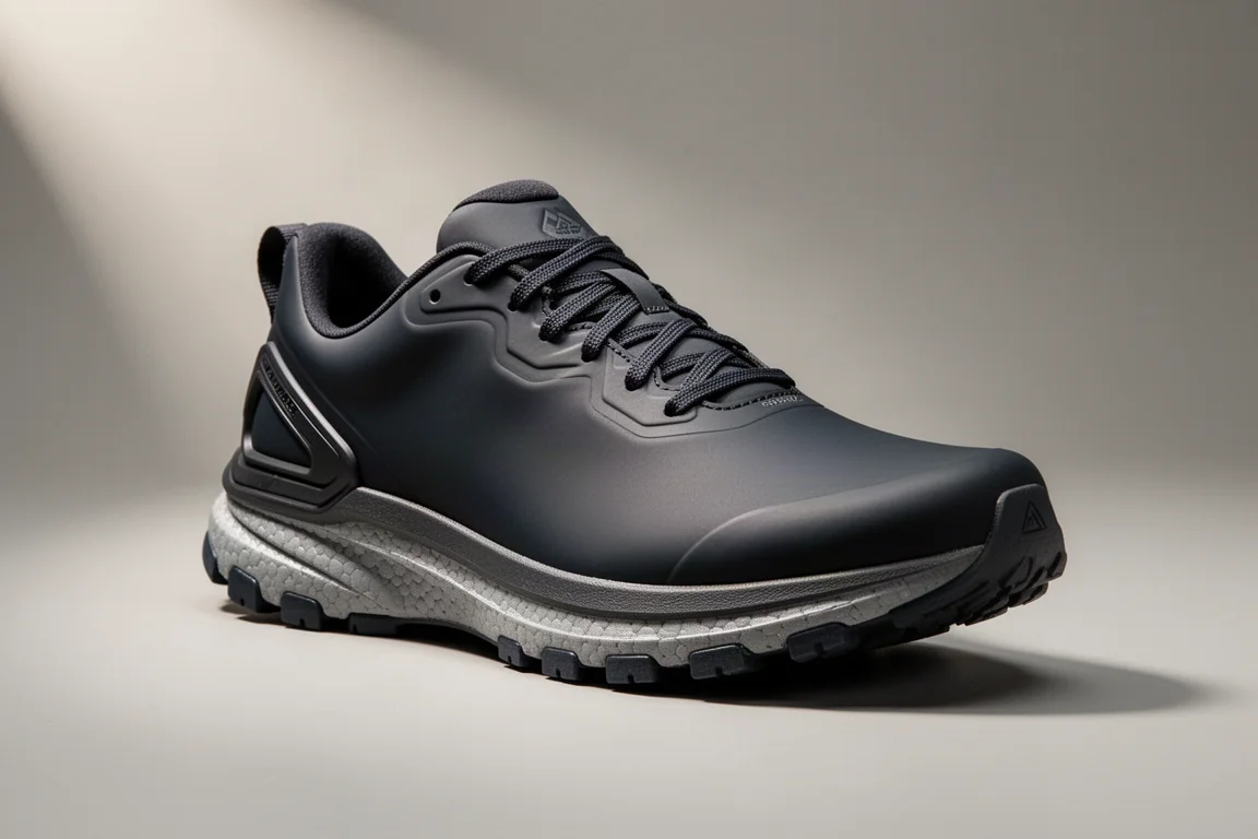 Pair of water-resistant running shoes on wet concrete with rain droplets