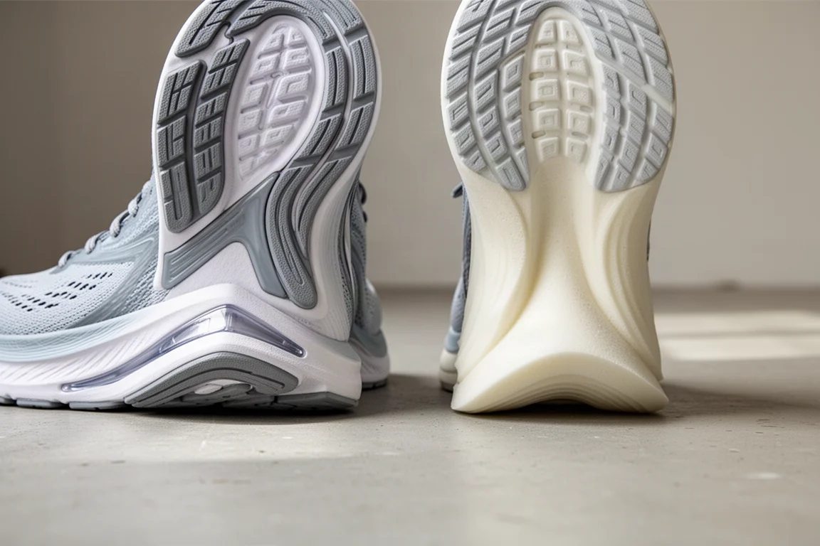 Nahaufnahme der Midsoles zweier Laufschuhe mit unterschiedlichen Dämmungsstapeln