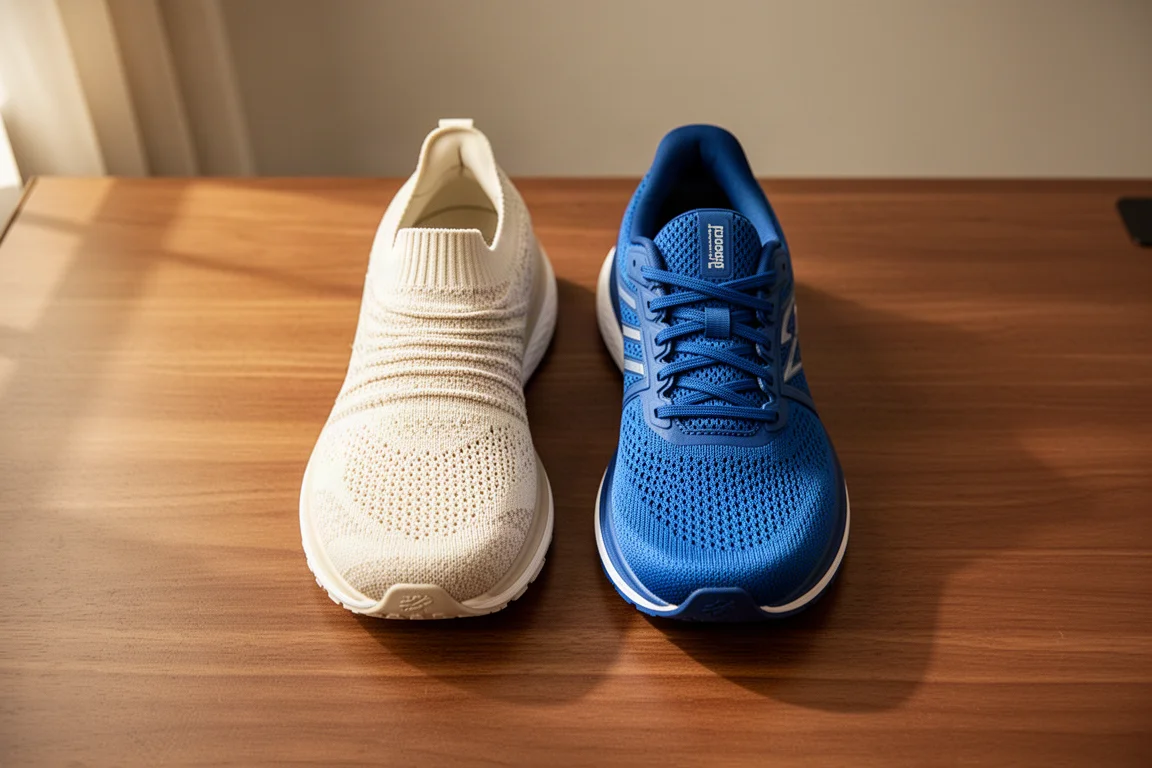 Zwei Laufschuh-Obermaterialien nebeneinander, Strick versus technisches Mesh