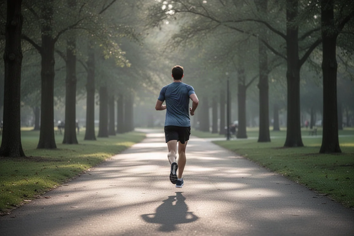 Läufer beim lockeren Joggen über einen ruhigen Parkweg bei weichem Licht