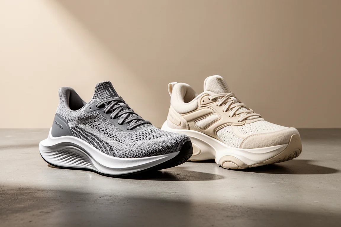 Two maximalist running shoes side by side on a concrete surface