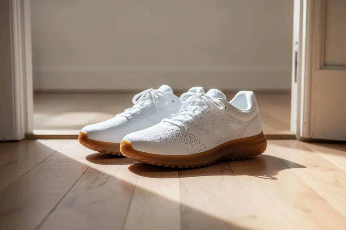 Coureur lacant une paire de chaussures de running blanches pour l'entraînement quotidien sur un plancher en bois