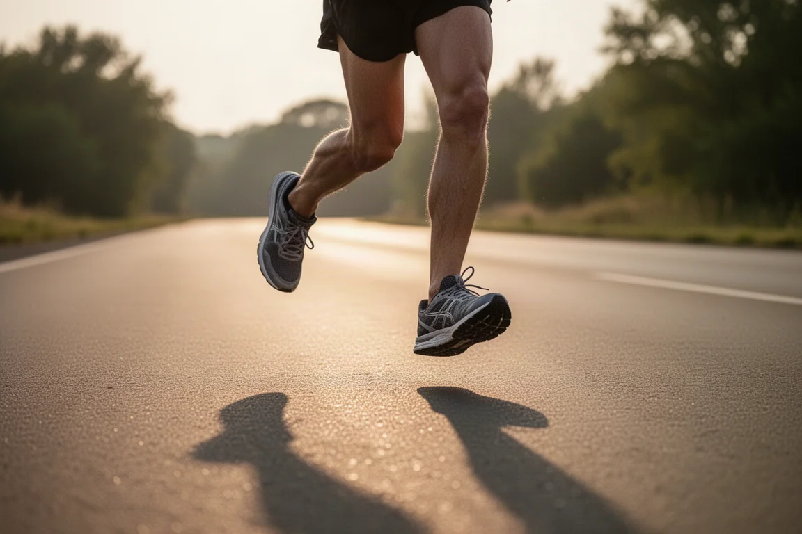 Coureur accélérant sur une route ouverte dans une douce lumière de fin de journée