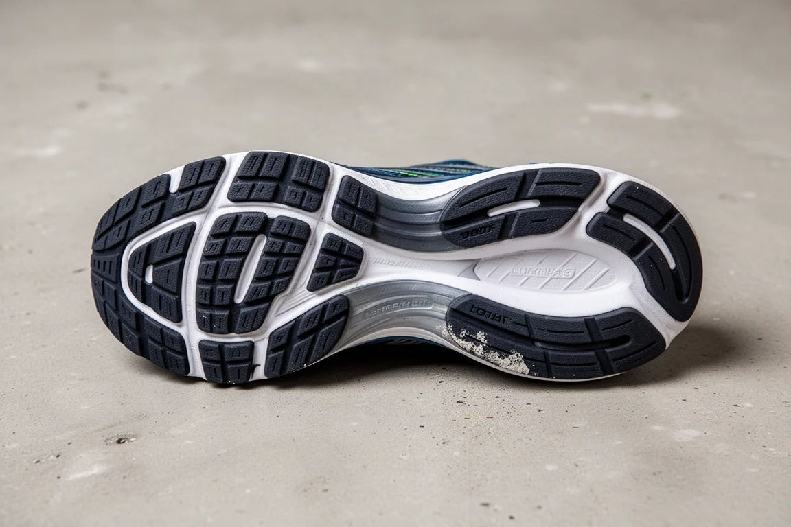 Gros plan sur la semelle extérieure d'une chaussure de running montrant la couverture en caoutchouc et l'usure