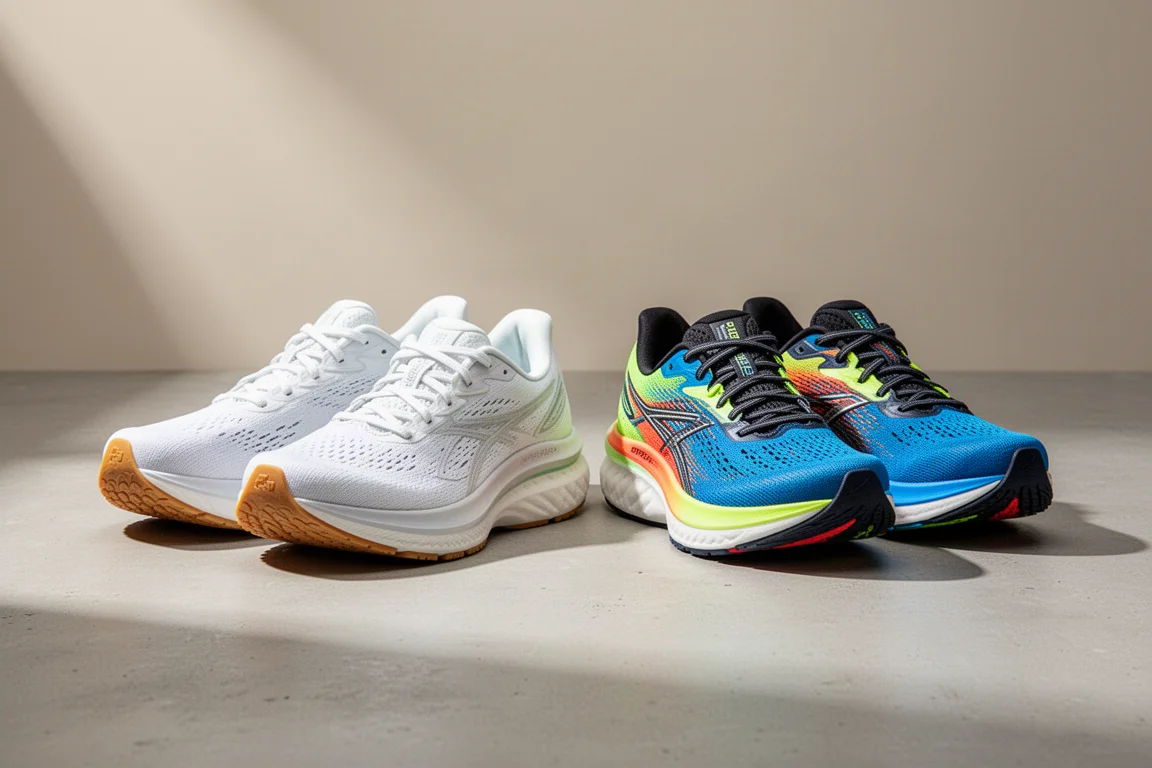 White running shoes and vibrant running shoes side by side on concrete