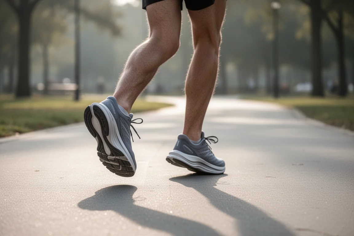 Pieds d'un coureur en pleine foulée sur un trottoir lisse sous une lumière douce du matin