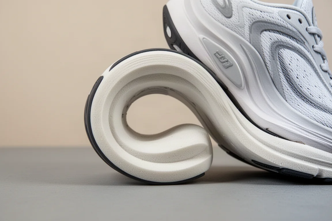 Gros plan sur la semelle intermédiaire d'une chaussure de running fléchie vers l'arrière à la main