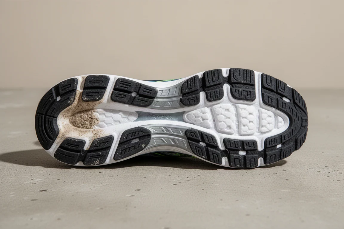 Semelle extérieure d'une chaussure de running montrant l'usure du caoutchouc près du talon latéral