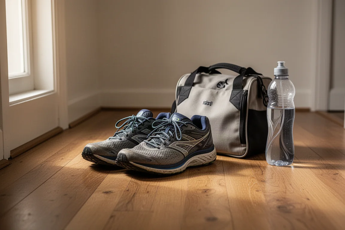 Chaussures de running posées sur le sol d'un couloir à côté d'un sac d'entraînement