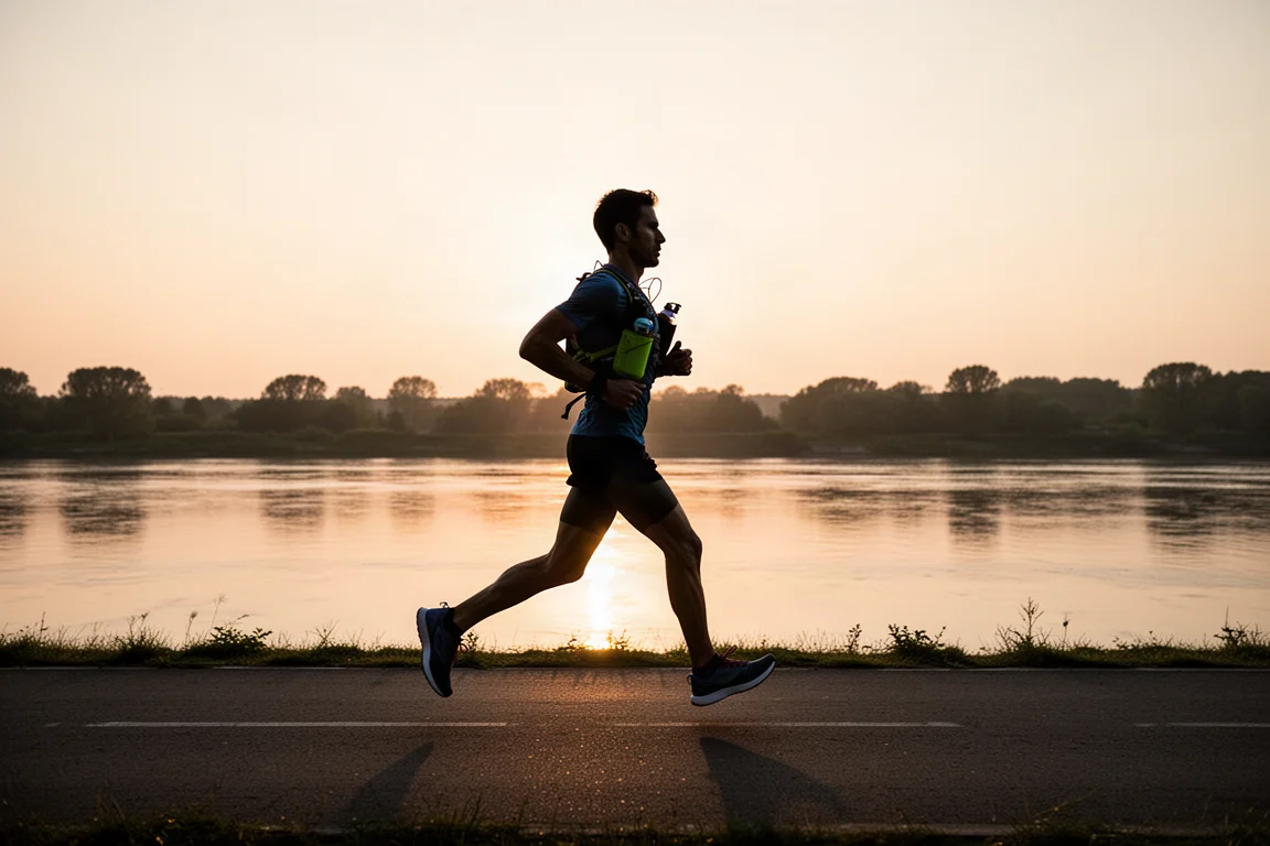 Coureur de longue distance sur une chaussée plate au bord d'un fleuve au lever du soleil