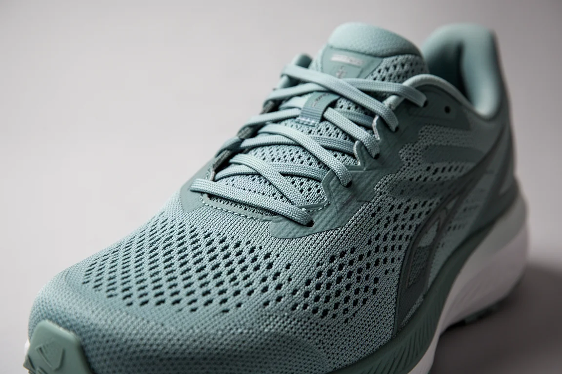 Gros plan sur la tige en mesh d'une chaussure de running montrant le laçage et la boîte à orteils