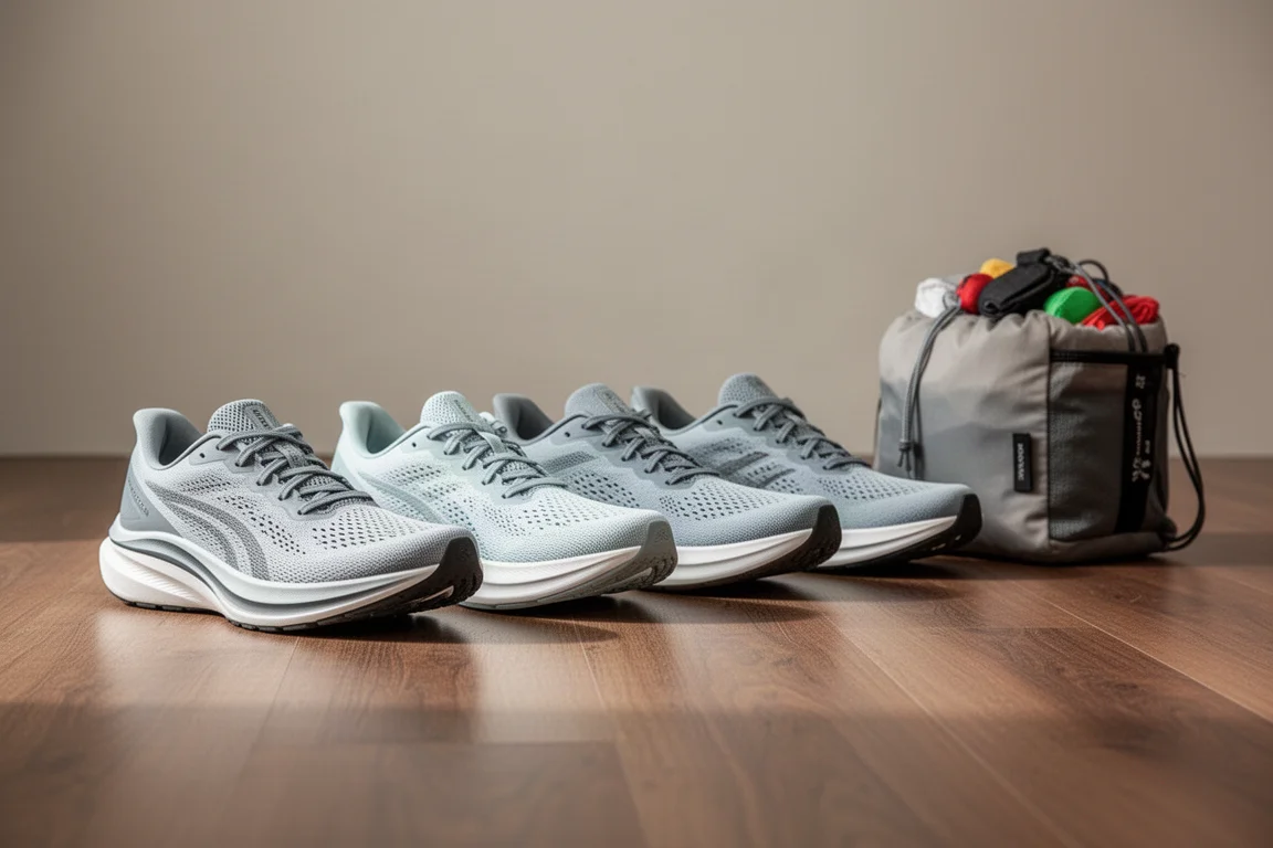 Trois paires de chaussures de running alignées soigneusement sur un plancher en bois