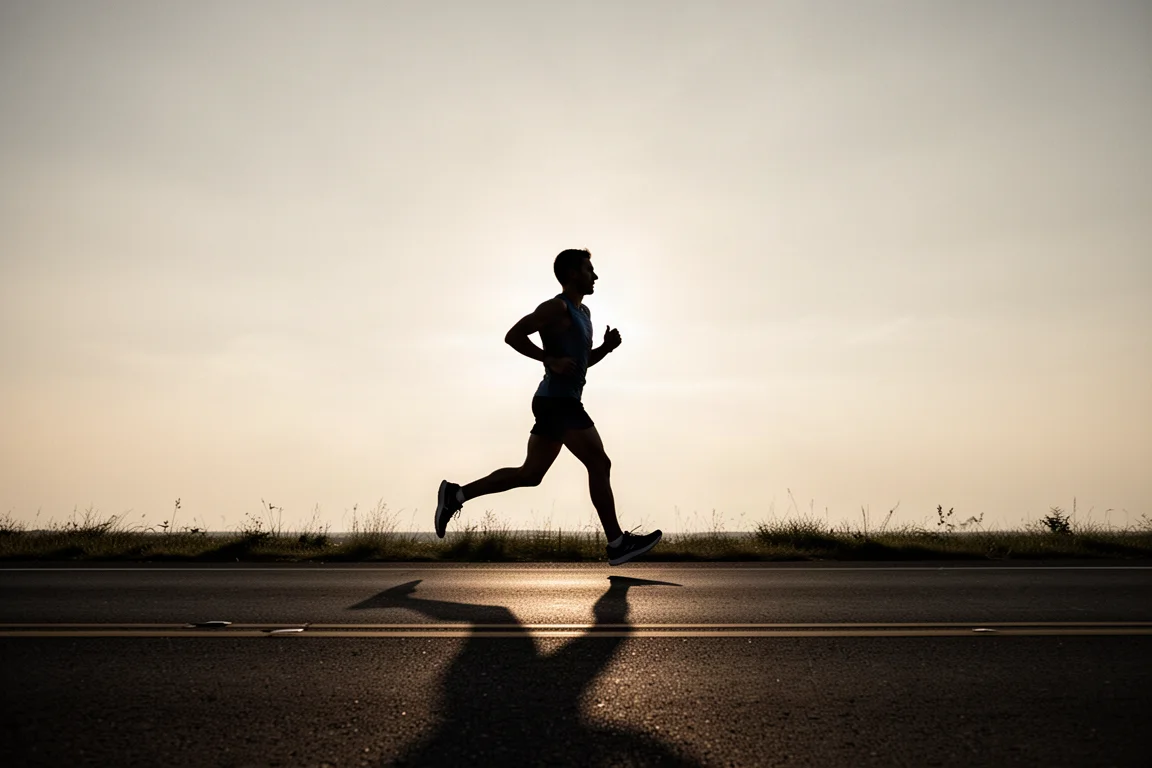 Corredor em ritmo de maratona em uma estrada aberta na luz do fim de tarde