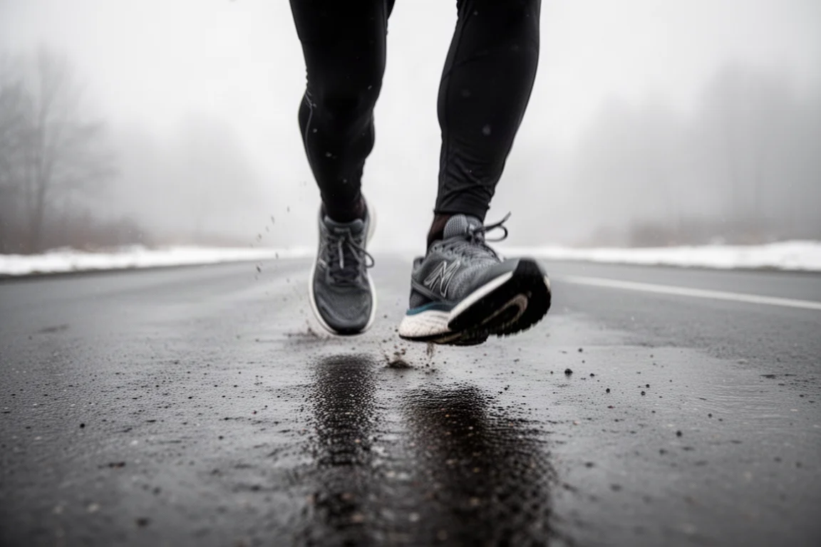 Pieds d'un coureur foulant une route mouillée en plein hiver, en plein mouvement