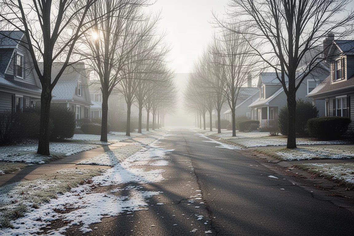Trottoir givré sur une rue résidentielle calme au début de l'hiver