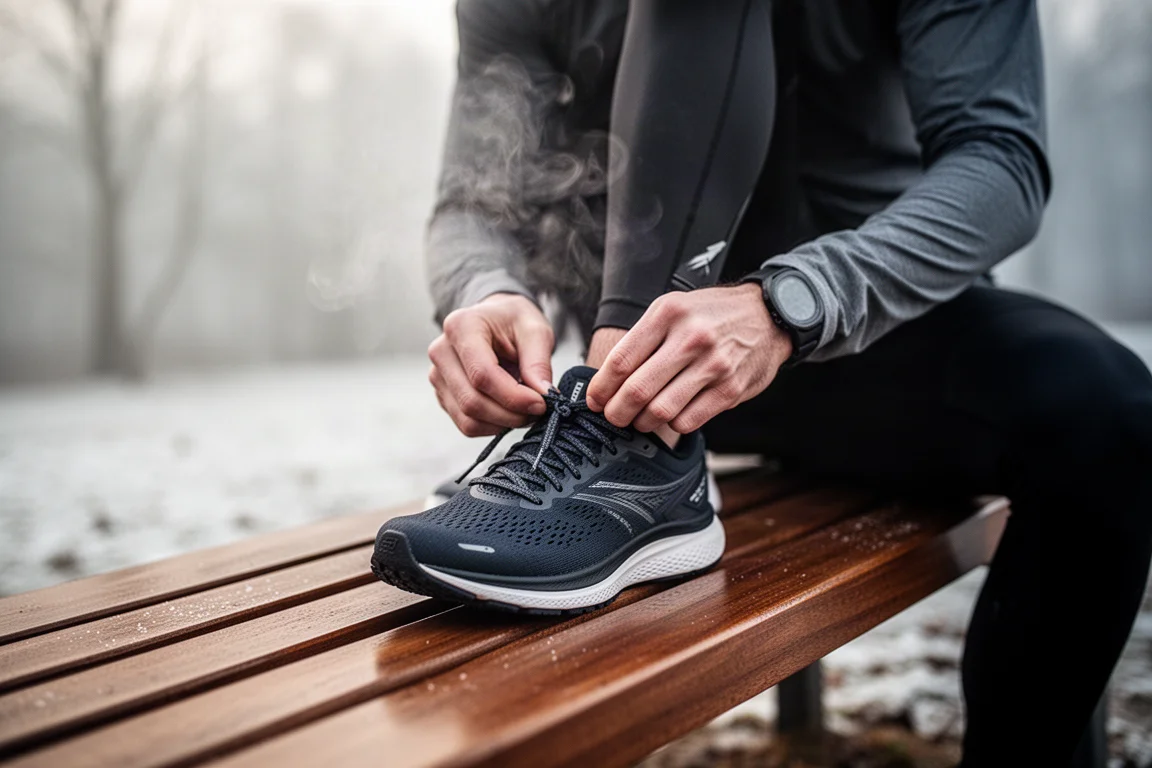 Coureur lacing ses chaussures de running sur un banc en bois avant une sortie hivernale