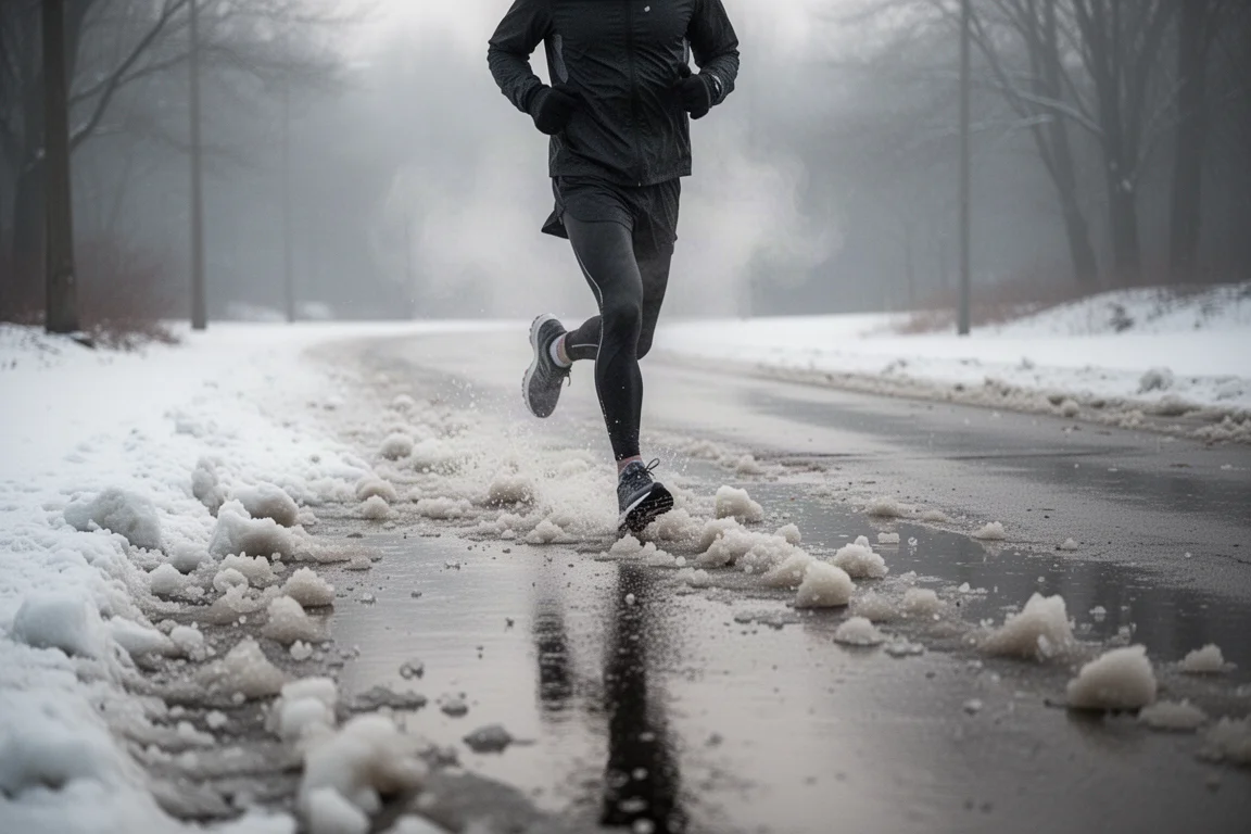 Läufer, der sich an einem eisigen Wintermorgen über matschigen, vereisten Asphalt tastet