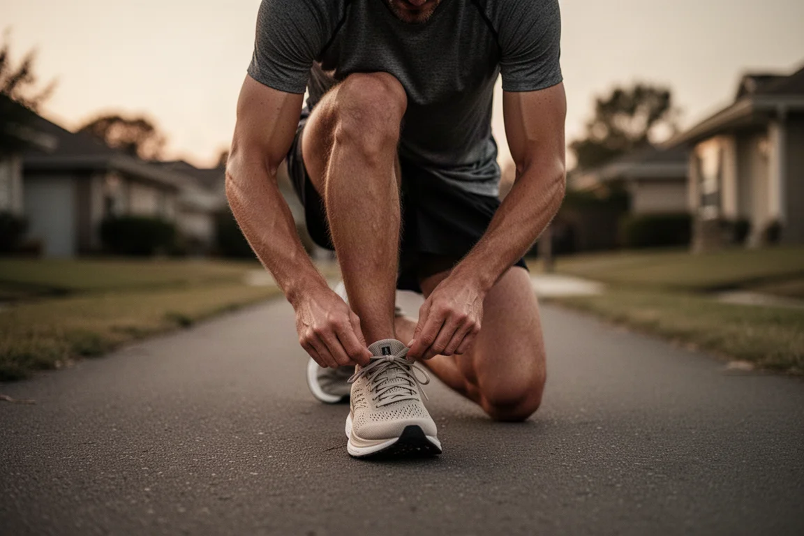 Corredor atándose los cordones de una zapatilla de running de alto rendimiento bajo una luz suave de atardecer