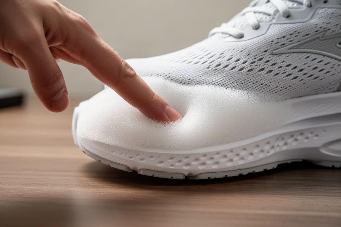 Primer plano de la espuma de la mediasuela de una zapatilla de running al presionarla para mostrar su suavidad