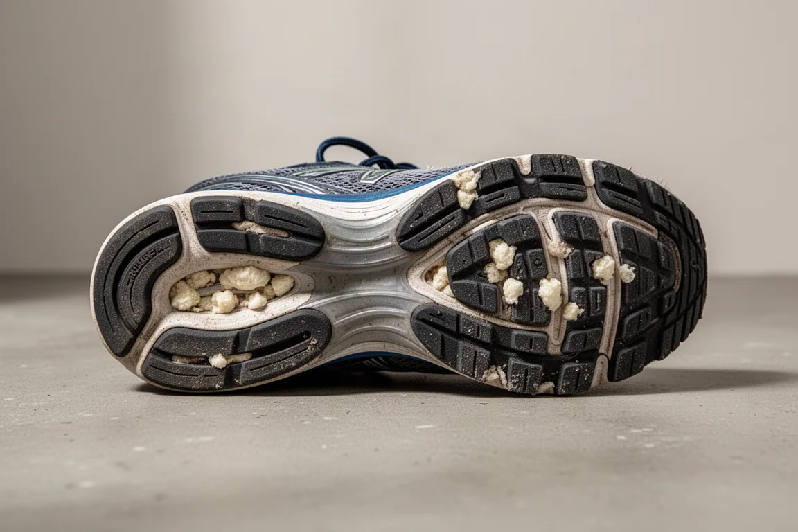 Suela desgastada de una zapatilla de running que muestra la degradación de la mediasuela sobre hormigón