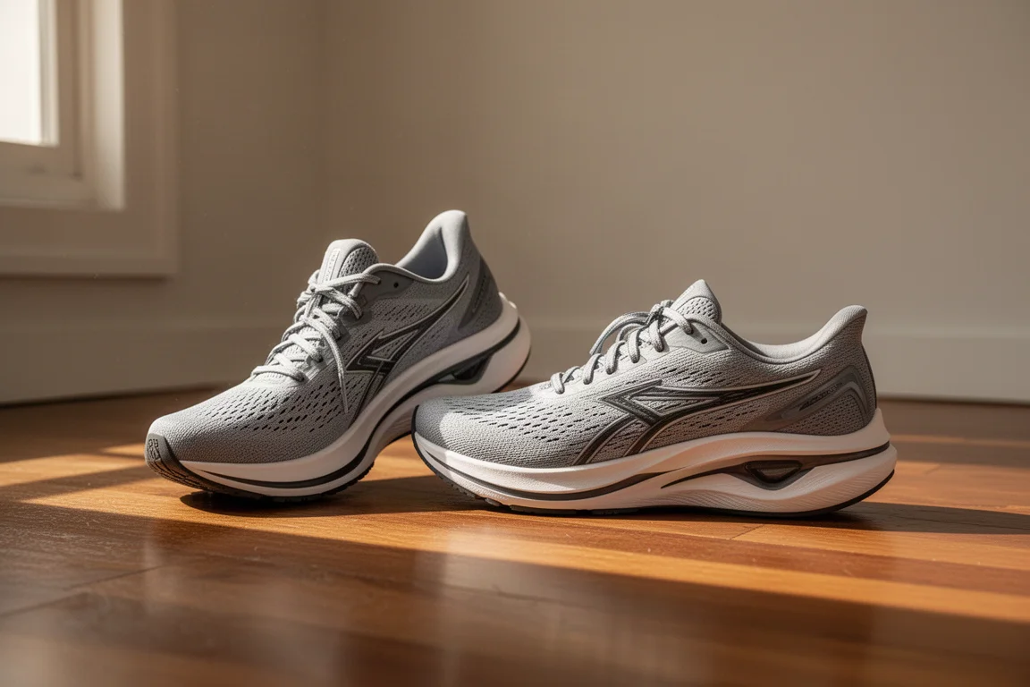 Paar hardloopschoenen naast elkaar op een houten vloer na een training