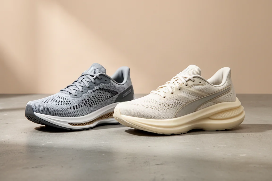 Two lightweight running shoes side by side on a concrete surface