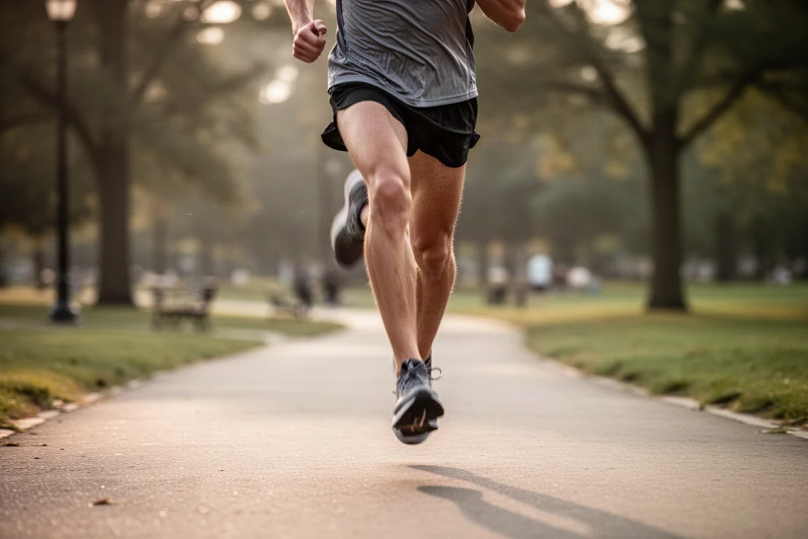 Corredor acelerando o ritmo durante um treino em um caminho pavimentado