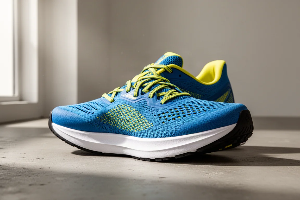 Blue and yellow Saucony Endorphin Speed 3 running shoe on a concrete surface