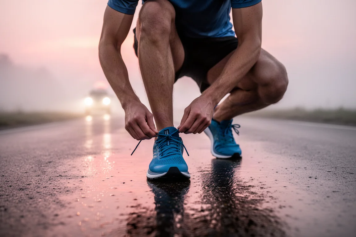 Läufer schnürt vor dem Lauf am frühen Morgen einen blauen Laufschuh auf nassem Asphalt
