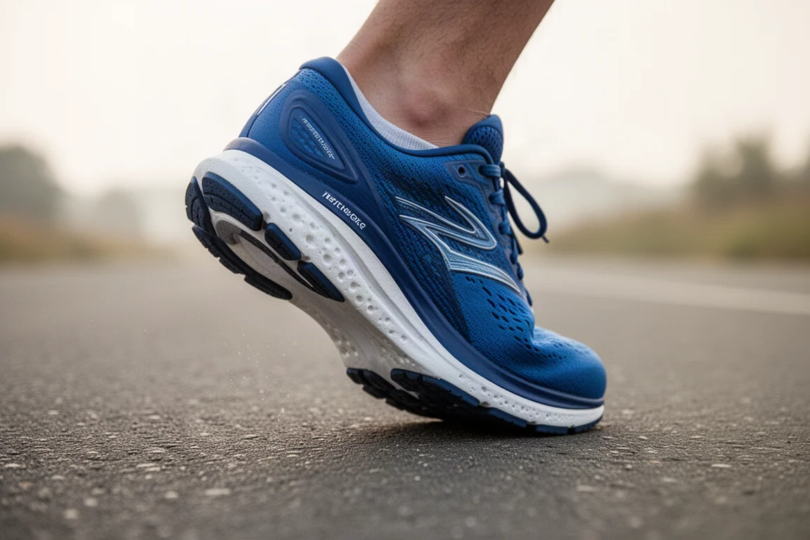Nahaufnahme einer unter dem Fuß zusammengedrückten Laufschuh-Mittelsohle auf einer stillen Straße