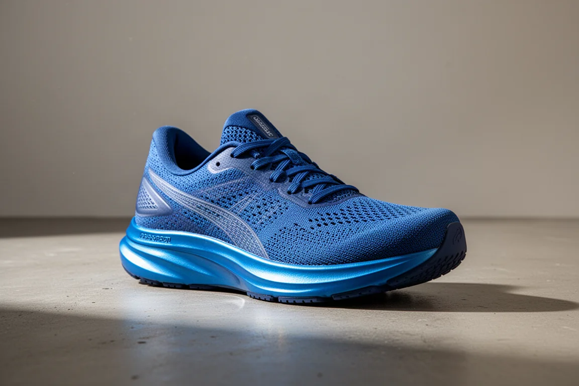 Blue Saucony Endorphin Speed 3 running shoe on a matte concrete surface