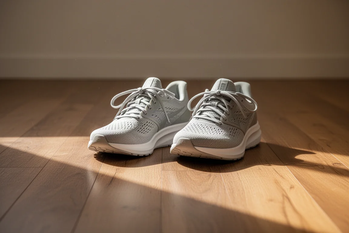 Zapatilla de running apoyada en un banco durante un bloque de entrenamiento de maratón