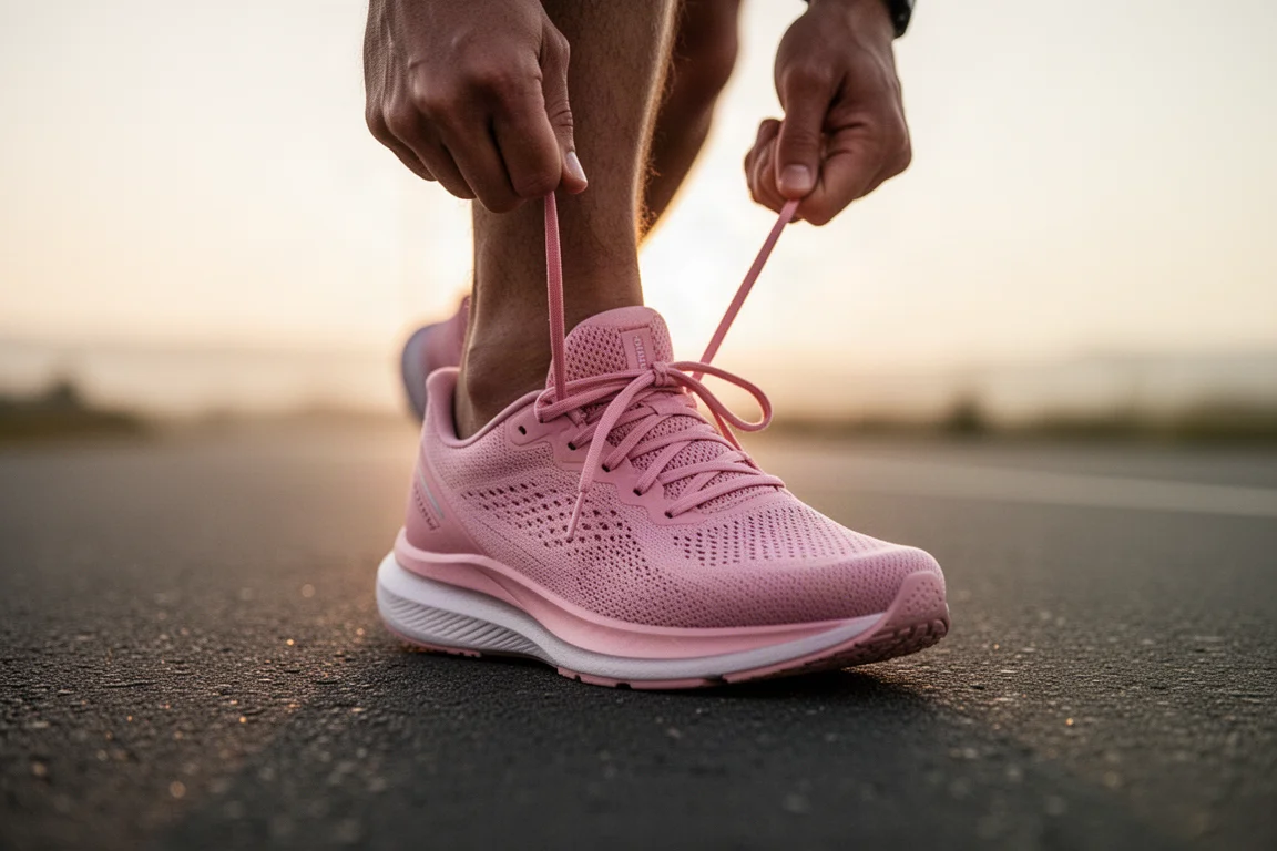 Un coureur attache les lacets d'une chaussure de running rose avant de partir sur le bitume